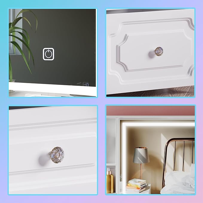 Makeup Vanity with Lighted Mirror, 47" Large Vanity Desk with 9 Drawers & 10 Open Storage Shelves, Brightness Adjustable, Dressing Table for Bedroom, Women Girl (White, B Panel)