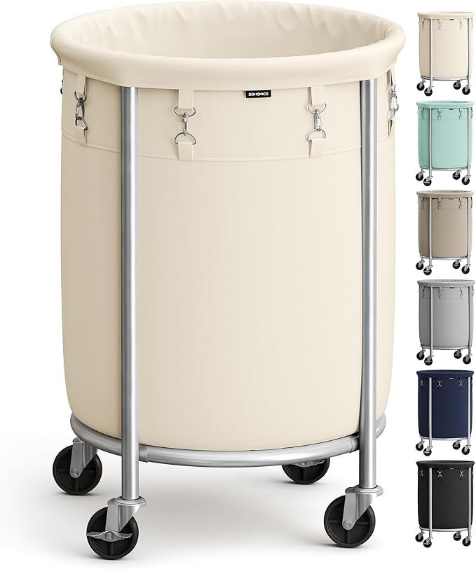 SONGMICS 29-Gallon (110 L) Laundry Basket with Wheels, Rolling Round Heavy-Duty Laundry Hamper Cart with Steel Frame and Removable Bag, 2 Locking Wheels, Cream White and Metallic Silver URLS002W01