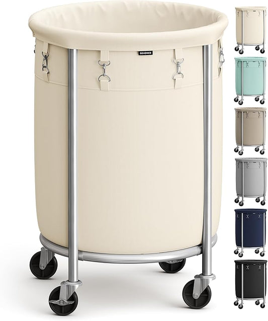 SONGMICS 29-Gallon (110 L) Laundry Basket with Wheels, Rolling Round Heavy-Duty Laundry Hamper Cart with Steel Frame and Removable Bag, 2 Locking Wheels, Cream White and Metallic Silver URLS002W01