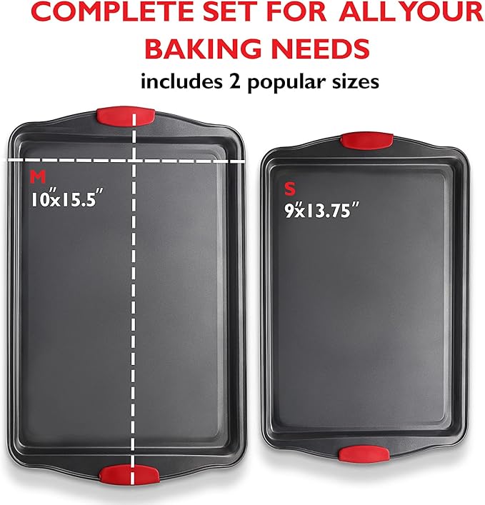 Baking Sheet Set, 2-Piece Cookie Sheet Set with Silicone Handles, Steel Baking Pan, Durable Baking Sheets for Oven, BPA Free Cookie Sheets for Baking Nonstick Set, Premium Sheet Pan, Black Baking Tray