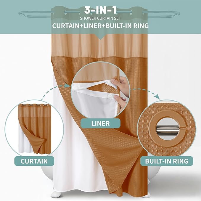 BurntOrange No Hook Waffle Weave Shower Curtain with snap-in Liner Replacement, 230GSM Waterproof Fabric Hotel Shower Curtain Set for Bathroom, Through Mesh Top Window,54Wx80H