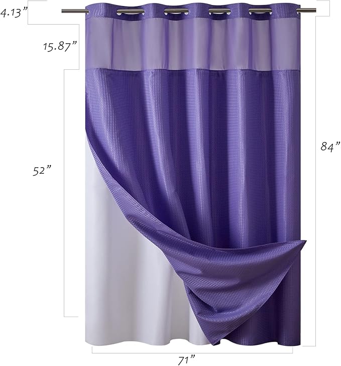 Furlinic Waffle Weave No Hook Shower Curtain with Snap in Liner,Honeycomb Textured Bathroom Curtains with See Through Top Window,Waterproof & Machine Washable,Hotel Quality,Purple,71x84 Inch