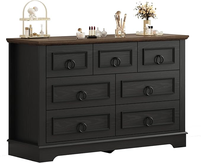 LIKIMIO Black Dresser for Bedroom, 47.2" W Farmhouse 7 Drawer Dresser with Round Metal Handle, Thickened Desktop, Wood Rustic Chest of Drawers for Hallway, Entryway