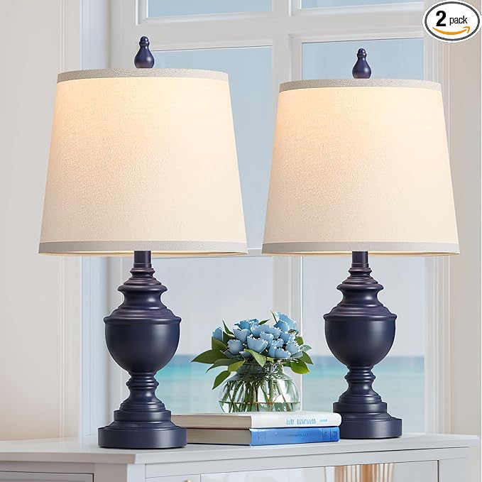 PARTPHONER Retro Table Lamps Set of 2, Bedside Lamp for Bedroom Rustic Farmhouse Table Lamps for Living Room, Vintage Nightstand Lamps with White Shades, Blue