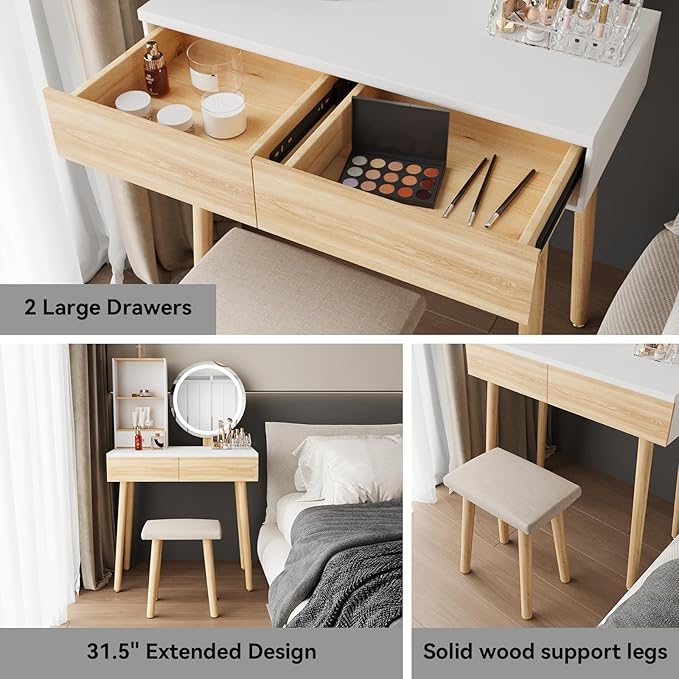 YOURLITE Makeup Vanity Desk with Lights,Small Vanity with Adjustable Brightness Mirror for Samll Spaces,Vanity Desk with Drawers and Storage Shelves