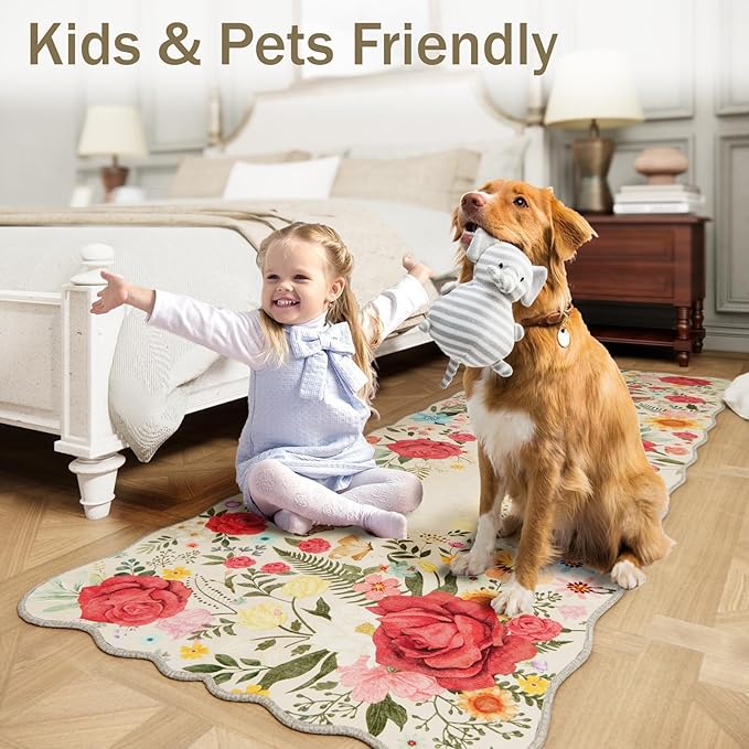 Floral Washable 6'x9' Area Rugs for Bedroom, Soft Lightweight Rug for Living Room Non Slip Dining Room Beige Rug, Stain Resistant Boho Vintahe Easy Clean Throw Carpet for Office