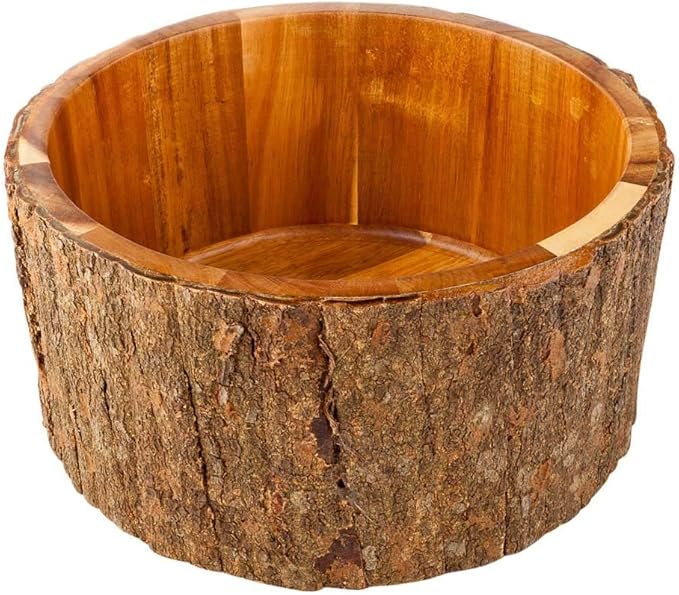 Restaurantware 140 Ounce Wood Serving Bowl 1 Large Rustic Wood Bowl - Varnished With Bark Edges Round Natural Acacia Wood Soup Bowl For Appetizers Salads Entrees