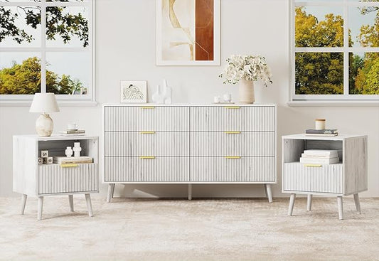 LYNSOM Fluted Dresser and Nightstand Set, 3 Pieces Bedroom Set, 55 Inch Wide 6-Drawer Dresser & 1-Drawer Nightstands Set of 2, Modern Dressers Set for Bedroom, Living Room, White