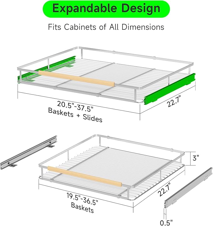 Expandable Pull Out Drawers for Cabinets, Kitchen Cabinet Slide Out Shelves, Adjustable Roll Out Drawers, X-Large 2 Pack