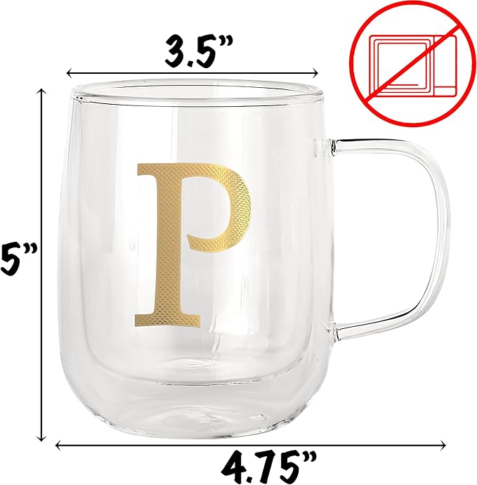 COLLECTIVE HOME - Double Walled Glass Coffee Mugs, Insulated Coffee Mug with Handle, Personalized Gifts for Women, Men, Christmas, 14 oz Monogram Cups (P)