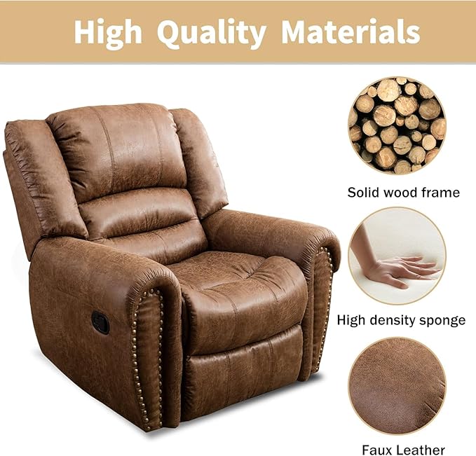 CANMOV Leather Recliner Chair Set of 2, Classic and Traditional Manual Recliner Chair with Comfortable Arms and Back,Manual Single Recliner Sofa for Living Room, Nut Brown