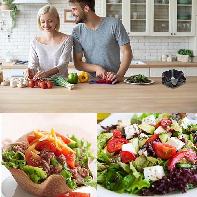 Ragyzity Tortilla Pan Set - 4pcs Non-Stick Carbon Steel Taco Salad Bowl Makers Tortilla Shell Pans, Tostada Bake Taco Shells, Flower-shaped Baking Mold Kitchen(Black 4pcs) (16.5x 7.5x 6cm)