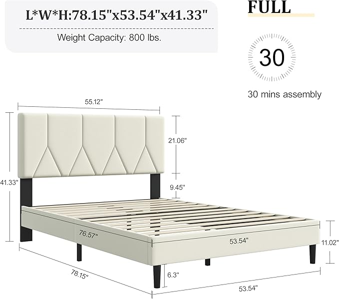 Full Size Bed Frame, Platform Bed Frame with Velvet Upholstered Headboard, Fully Upholstered Mattress Foundation with Strong Wooden Slats, No Box Spring Needed, Noise Free, Easy Assembly
