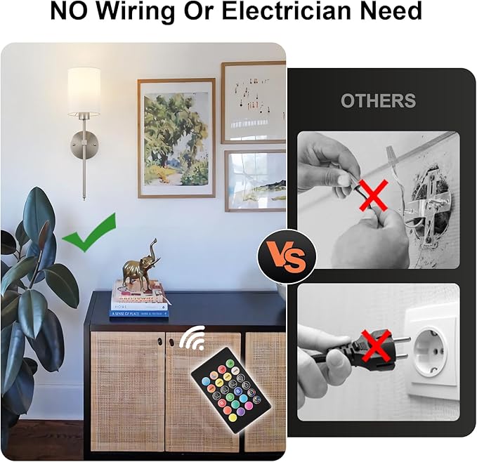 Battery Operated Wall Sconces Set of Two,Wireless Rechargeable Wall Light With Remote Control, Dimmable, Amber Light/Warm White/Natural White/Daylight/RGB,Timer,for Living Room,Bedroom,Entryway,Nickel