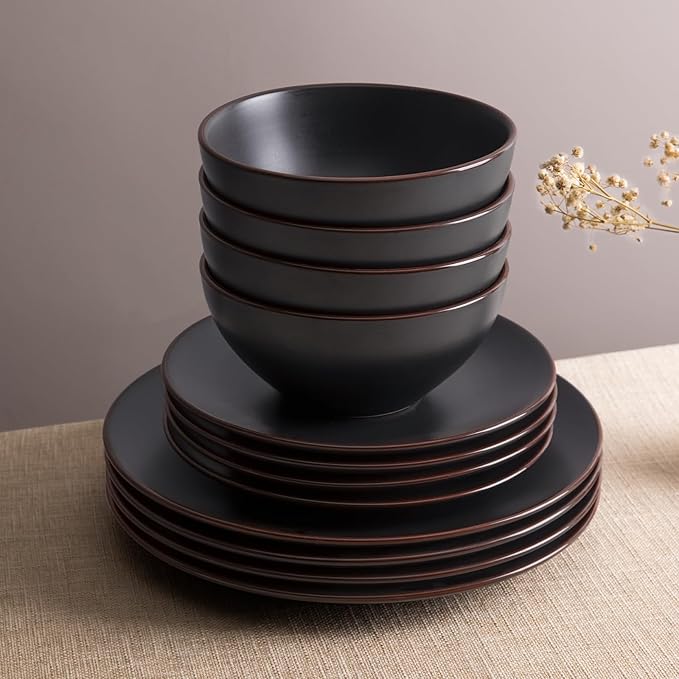 Famiware Venus Ceramic Plates and Bowls Sets, Dinnerware Dish Sets for 8 (24 Pieces) - Microwave and Dishwasher Safe, Matte Black