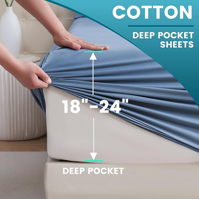 Bedlifes Queen Sheet Set, Extra Deep Pocket 18-24 Inches,1000Thread Count 100% Egyptian Cotton, Soft and Breathable Sateen 4-Piece,Mineral Blue