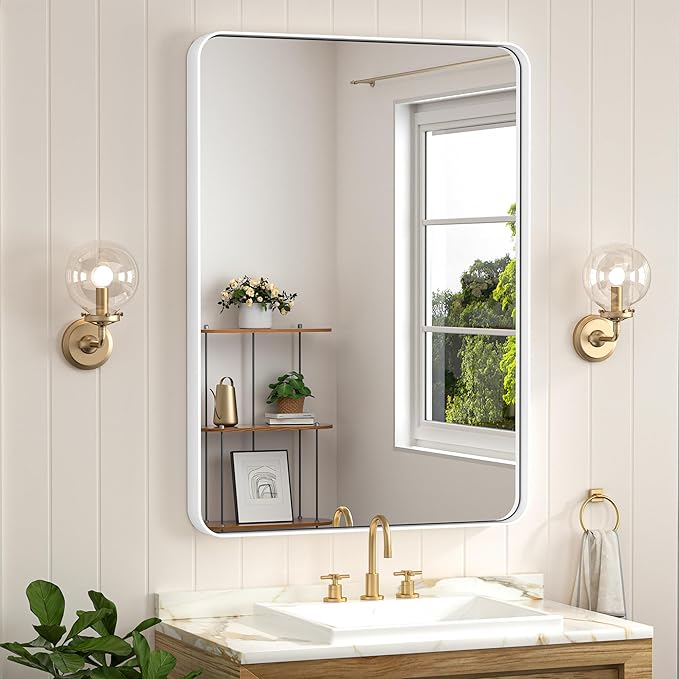 Keonjinn White Bathroom Vanity Mirror - 24 x 36 Inch Rectangular Wall Mirror, Farmhouse Style with Seamless Metal Frame, HD Tempered Glass