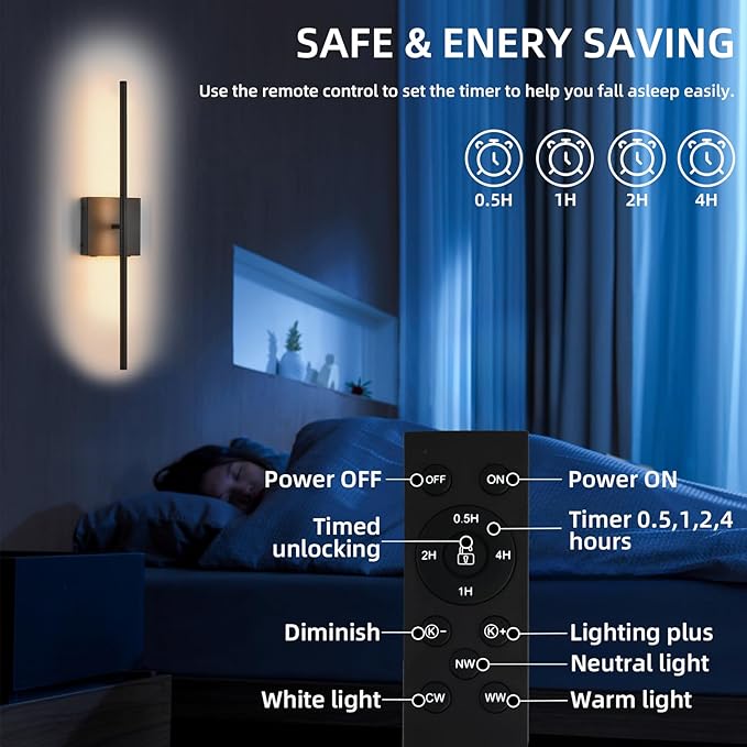 Battery Operated Wall Sconces Set of 2, Black Rechargeable Wall Sconce with Remote Control, 3000K-6000K Dimmable LED Wireless Wall Light for Living Room, Hallway, Bedroom, Stairs, 23.6 Inch