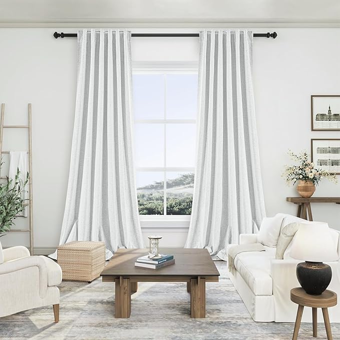 Static White Linen Blackout Curtains 2 Panels Set for Bedroom Back Tab Thermal Insulated 100% Black Out Linen Drapes Living Room Darkening Window Curtains 96 Inches Long 8 FT