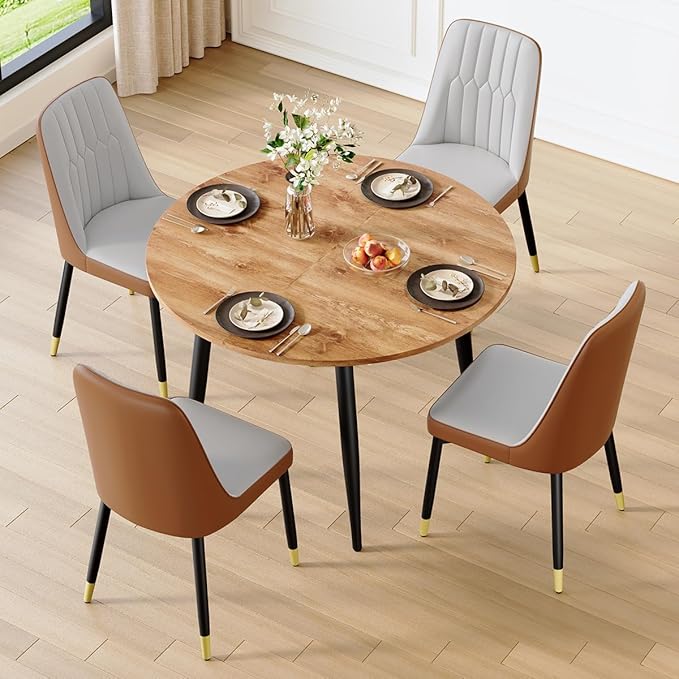 Round Dining Table Set for 4, 42"-54" Extendable Dining Table Set for 4, 0.73" Thick Wood Tabletop with Smooth Edge, Black Metal Leg with Non-slip Footmat, 4 Soft PU Chairs, Small Space, Easy Assembly