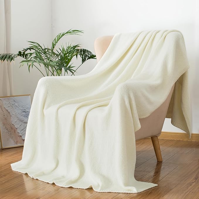 Carriediosa Wool Blend Knit Throw Blanket 60" X 80" Twin, 50% Recycled Polyester Soft Cable Knitted Fluffy Throws for Couch Lightweight Woven Blankets for Sofa Fuzzy Cozy Bed Cover, Vanilla Cream