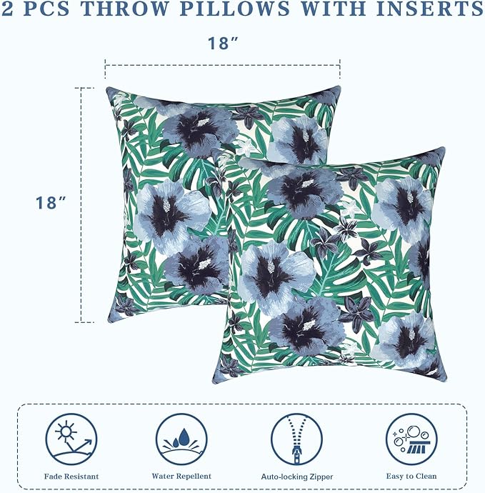 LVTXIII Outdoor/Indoor Throw Pillows, Decorative Throw Pillows with Inserts, 18"x18" Square Pillows for Bed, Couch, Sofa and Patio Furniture, Set of 2, Blue Salmone Tropical