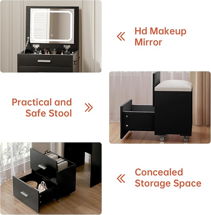 Compact Vanity with 3 Drawers, 3 in 1 Vanity Desk, Makeup Desk with Flip-up 3 Colors Lighting Mirror and Cushioned Stool, Small Vanities Nightstand Perfect for Bedroom, Black