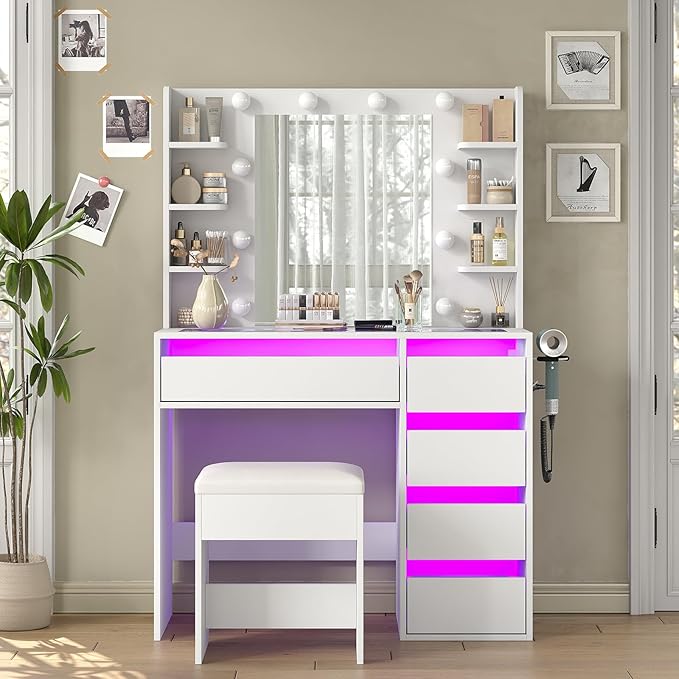 Vanity Desk with Mirror and Lights, 37" Makeup Vanity Desk with Lights 3 Colors, Glass Top Vanity with 5 RGB Drawers, 6 Shelves, Power Outlet, Chair, Dressing Table for Bedroom, White
