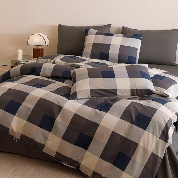 Cottonight Checkered Navy Comforter Set Queen Men Gingham Grid Bedding Set Navy and Khaki Grid Comforter Fluffy Soft Blanket Quilts Modern Cottagecore Comforter with 2 Pillowcases for Queen Bed
