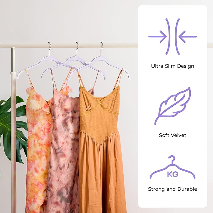 Velvet Hangers 50 Pack – Slim Non-Slip Flocked Hangers with 360° Swivel Hook, Space-Saving Closet Organizer for Dresses, Coats, Blouses(Purple)