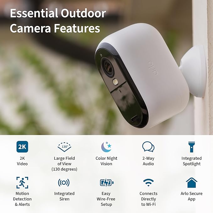 Arlo Essential Security Camera 2K | Outdoor - Indoor | 2nd Gen | Wireless with Spotlight, 2-Way Audio, Color Night Vision, Live Stream, Motion Activation, Real Time Notifications - White, 3 Cameras