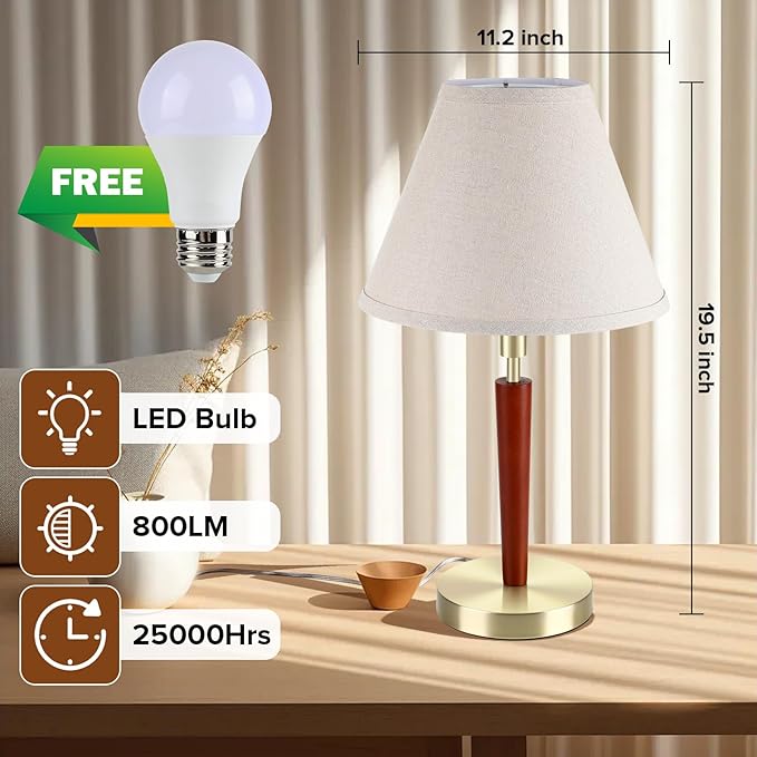 Touch Control Mid-Century Modern Table Lamp, 3-Way Dimmable Bedside Lamp with Gold Base and Wood Pole for Bedroom, Living Room, Nightstand, Office