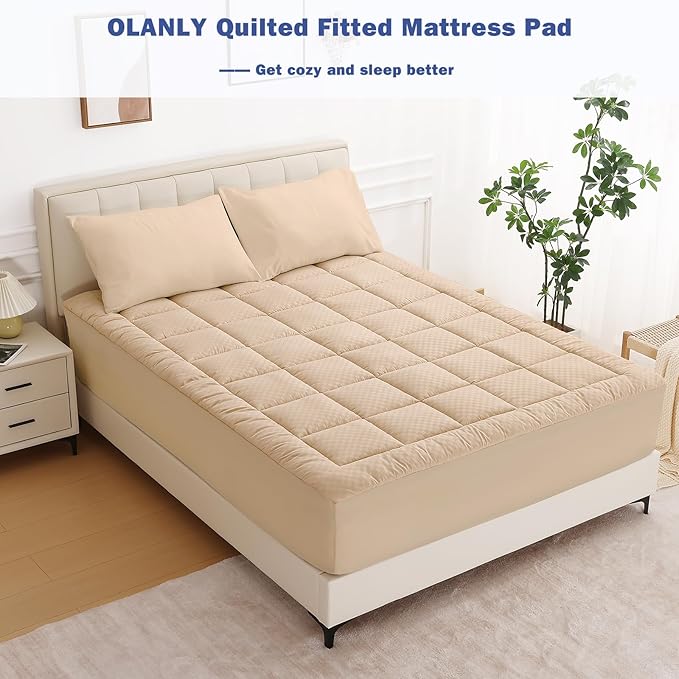 OLANLY King Quilted Fitted Mattress Pad, Elastic Fitted Mattress Topper, Cooling Soft Mattress Cover Stretches up to 21 Inches Deep, Machine Washable Mattress Protector (78x80 inch, Beige)