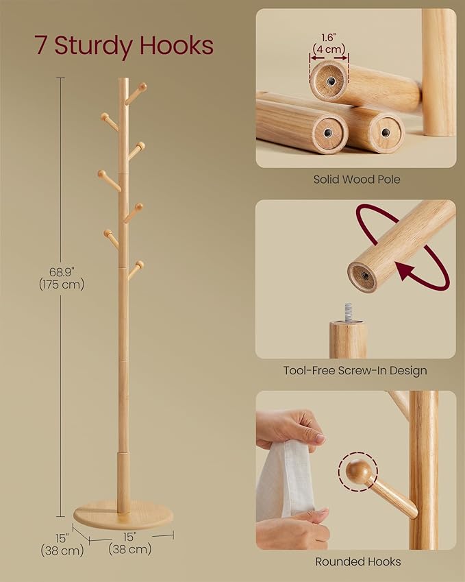 VASAGLE Solid Wood Coat Rack, Free Standing Hall Coat Tree with 7 Hooks, 3 Height Options, for Coats, Hats, Bags, Purses, for Entryway, Hallway, Rubberwood Hooks and Pole, Natural Beige URCR007N01