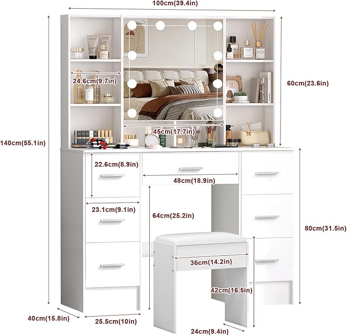 White Vanity Desk with Lighted Mirror, Large Makeup Vanity Table with Drawers and Chair, Bedroom Dressing Table Set for Teen Girls and Adult Women