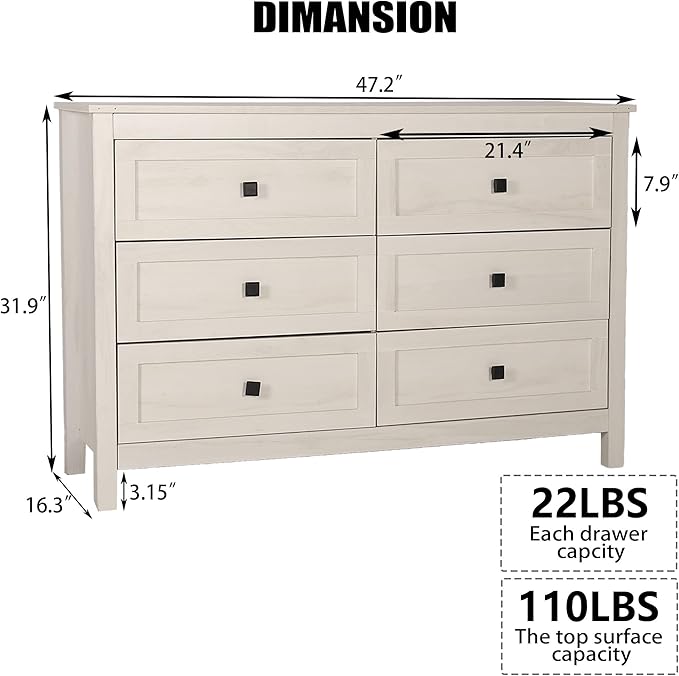 Farmhouse 6 Drawers Dresser, Wood Double Dresser Chest of Drawers Wide Storage Organizer Cabinet for Bedroom, Living Room, Rustic Beige
