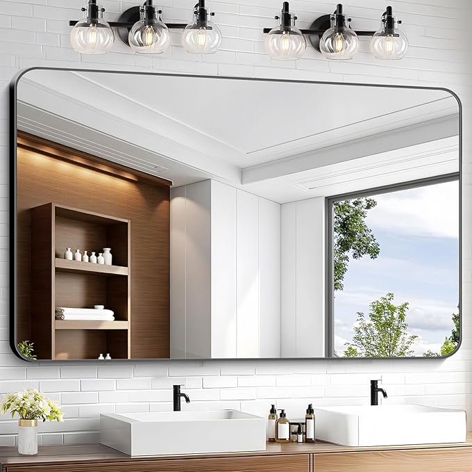 KOCUUY 55x36 Black Bathroom Mirror, Large Matte Black Vanity Mirror, Tempered Glass Mirror for Bathroom Wall, Black Rounded Rectangle Mirror Modern Decor for Bedroom, Living Room, Farmhouse, Entryway