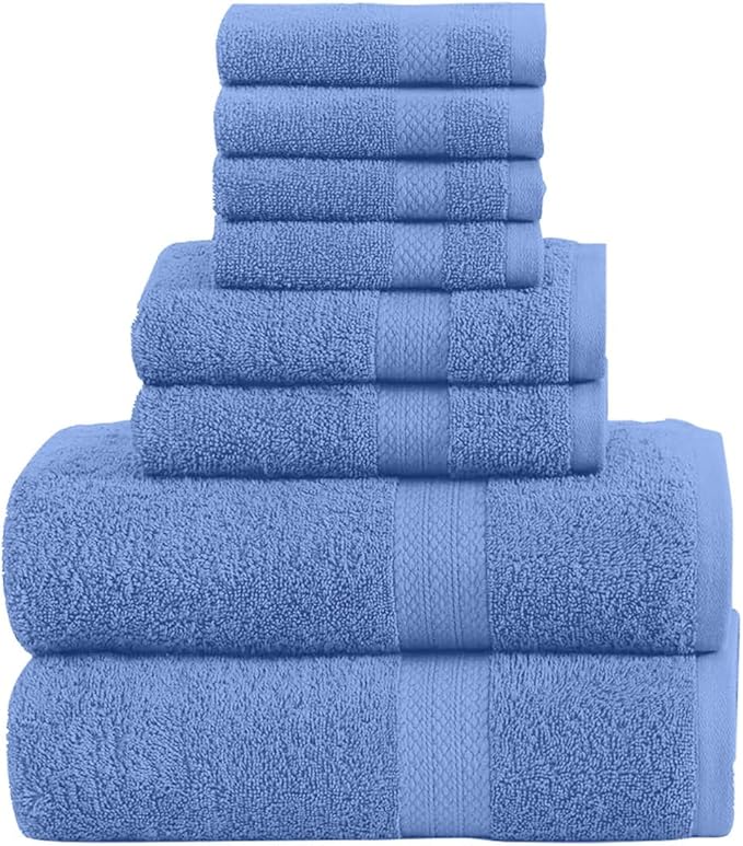 Pack of 8 Towels Set, 2 Large Bath Towels, 2 Hand Towels, 4 Wash Cloths, 100% Cotton, Lighter Weight, Quicker to Dry, Super Absorbent, Perfect for Bathroom (Blue)