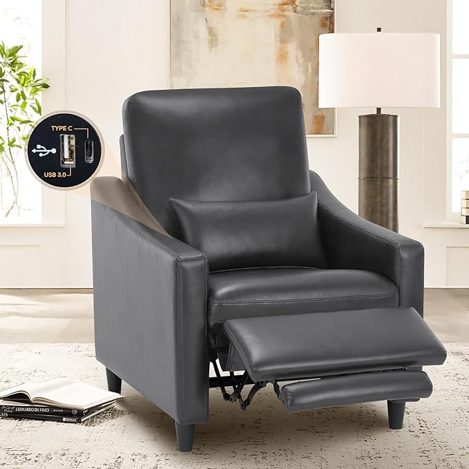 COLAMY Pushback Electric Recliner Chair, Premium Leather Upholstery with Adjustable Angles, Extra Lumbar Pillow, Built-in Charging Port, Business-Casual Style for Living Room,Grey