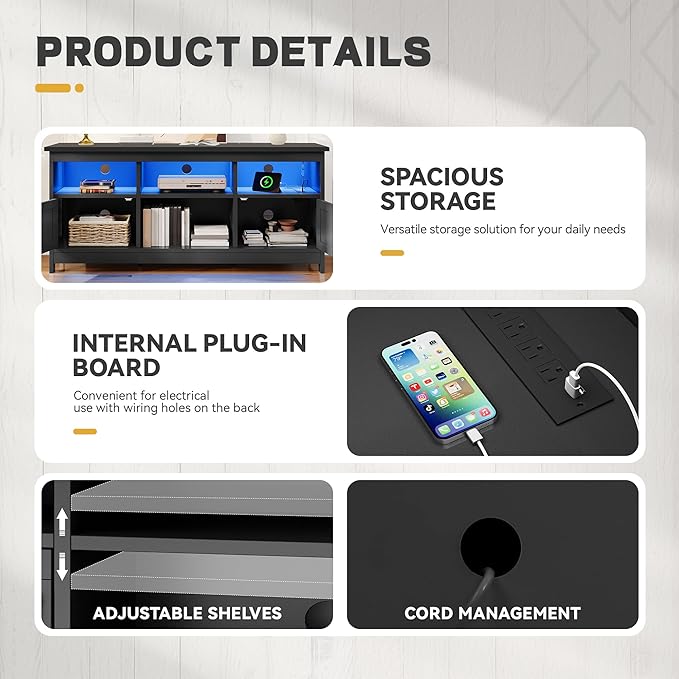 YITAHOME TV Stand for 65 Inch TVs, Entertainment Center with Storage Cabinets, Power Outlet & LED Light, Media TV Console with Barn Doors for Living Room, Black