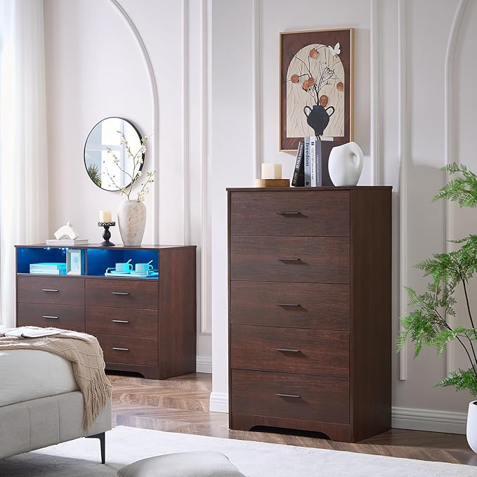 LIDYUK Dresser for Bedroom, Wood Dresser with 5 Drawers, Modern Minimalist Dressers & Chests of Drawers, 47 Inches Tall Chest of Drawers for Bedroom, Hallway, Living Room, Dark Cherry