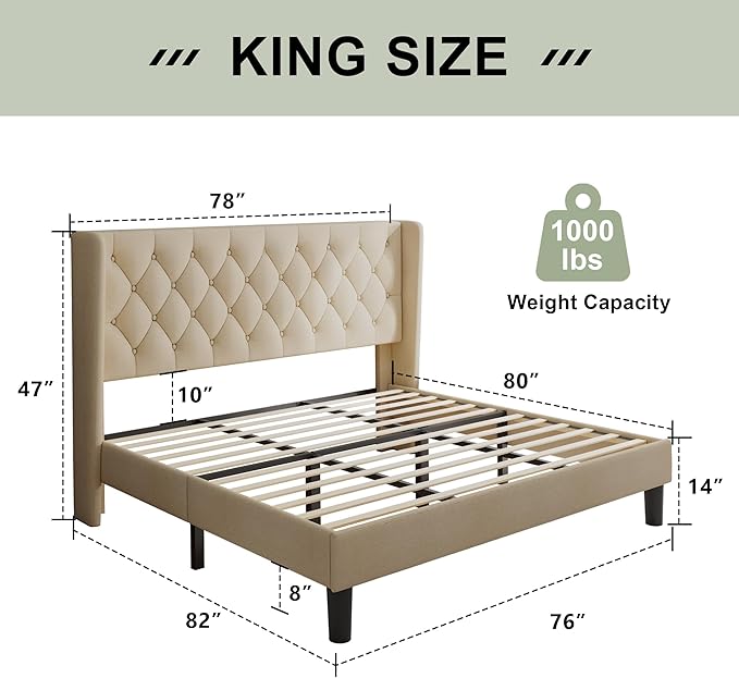Feonase King Size Bed Frame with Wingback Tufted Headboard, Upholstered Platform Bed Frame with Heavy Duty Wooden Slats Support, Noise-Free, No Box Spring Needed, Easy Assembly, Beige