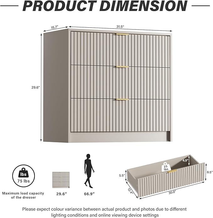 Beige Dresser for Bedroom, Modern Dresser with 3 Drawers and Smooth Slides, Wide Chest of Drawers with Golden Handles for Bedroom, Living Room, Closet, 15.7" D x 31.5" W x 29.6" H