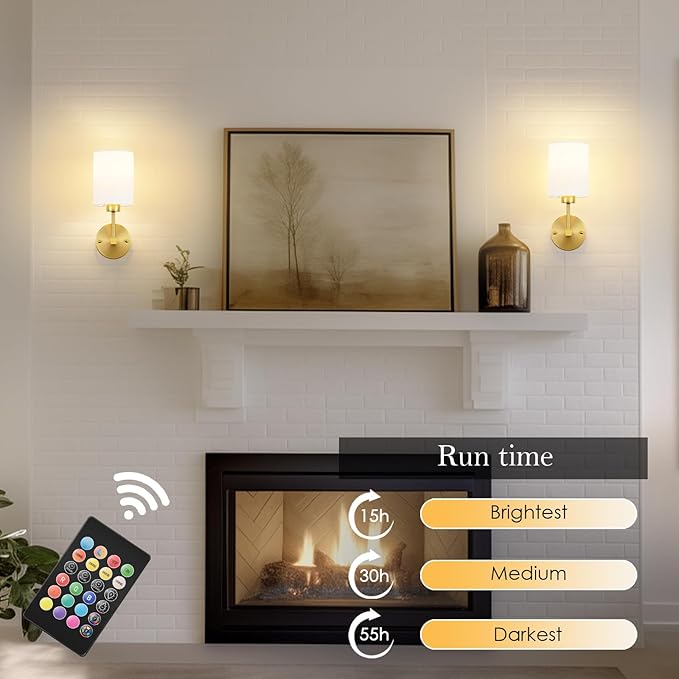 Battery Operated Wall Sconce Set of Two,Wireless Rechargeable Wall Light With Remote Control, Dimmable, 1800K/3000K/4000K/6000K/RGB, Timer, for Living Room, Bedroom, Fireplace, TV, 13.5 Inch, Gold