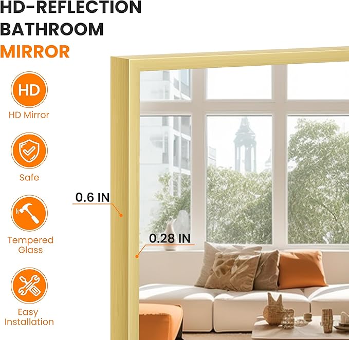 Bathroom Vanity Mirror for Wall, 36" x 24" Metal Framed Rectangular Bathroom Wall Mirror for Over Sink, HD Shatterproof Glass, Hangs Horizontally or Vertically(Gold)