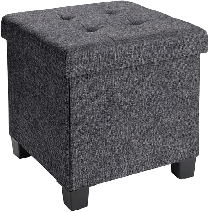Ornavo Home 15 Inch Folding Storage Ottoman with Storage, Square Cube Linen Small Storage Ottoman Foot Rest Stool with Legs - Dark Gray