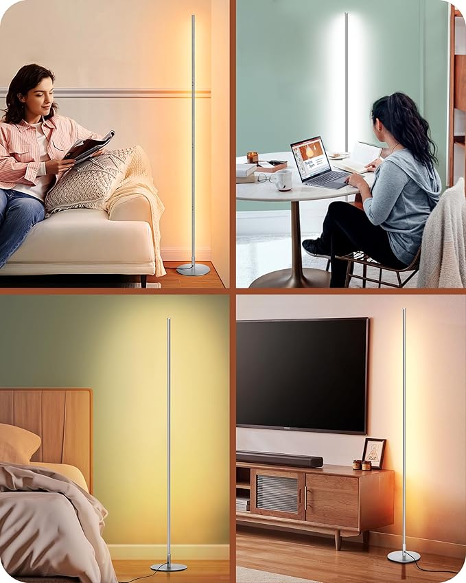 EDISHINE LED Floor Lamp with Remote, 57.5" Minimalist Dimmable Slim Corner Light, Tall Floor Lamps for Living Room, Bedroom, Office, 3000K Warm White Light (Silver)
