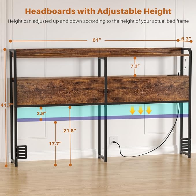Aheaplus Headboard for Queen Size Bed Frame, Headboards with Outlets, USB Ports and LED Light, Head Board with Storage, Height Adjustable, Sturdy and Stable Headboard, Queen Size, Rustic Brown