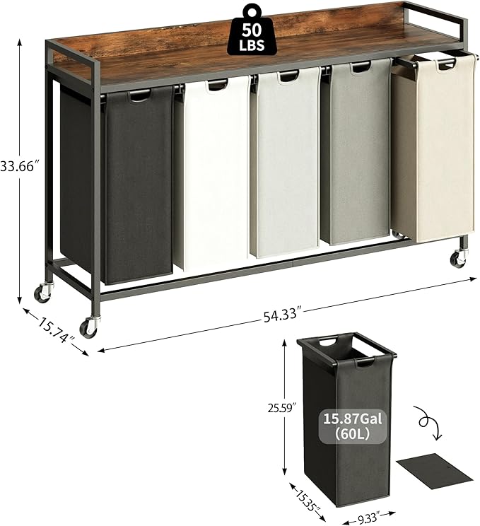 Laundry Hamper with Shelf, Laundry Basket 5 Section, Laundry Sorter with Pull-Out Removable Large 5 Color Bags and Movable Wheels, Metal Frame, 5 x 15.87 Gallons (60L), Rustic Brown PF08XLN