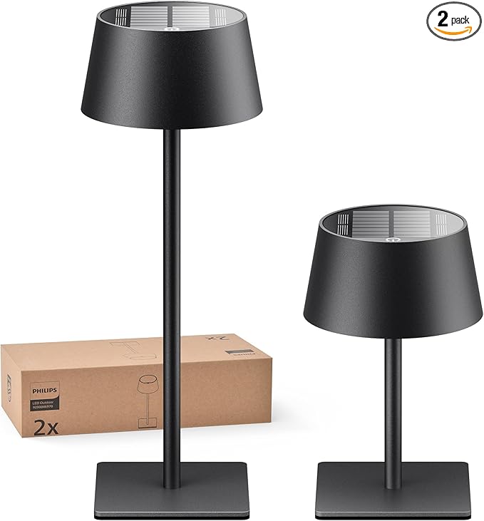 Philips Solar Outdoor Table Lamp, Portable LED Desk Light,Cordless Battery-Operated，2 Adjustable Height, Touch Control & Stepless Dimming Night Light，Waterproof for Garden, Bedroom